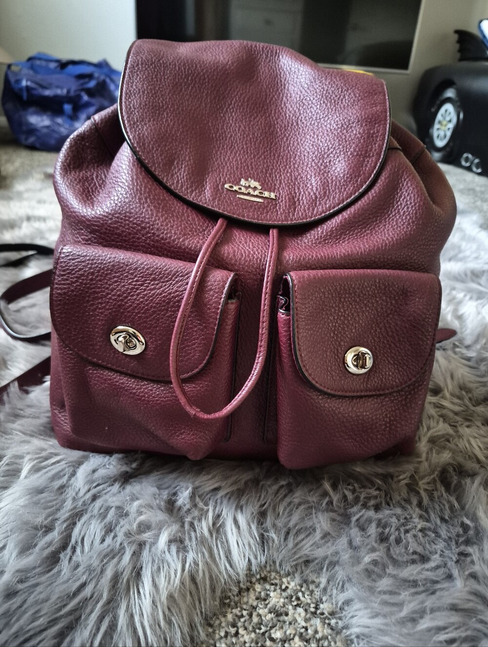 Coach Pebbled Leather Wine Backpack with Gold Hardware